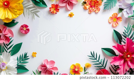 Paper flowers and palm leaves on white background with copy space. Abstract natural floral frame layout. Summer concept 113072202
