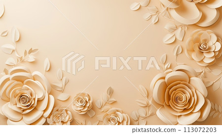 Paper flowers on beige background with copy space. Abstract natural floral frame layout. Wedding invitation. International Women day, Mother Day concept 113072203