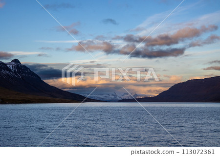 Sunset at the fjord, Westfjords, Iceland 113072361