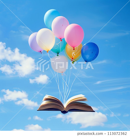 open book flies on balloons on blue sky background 113072362