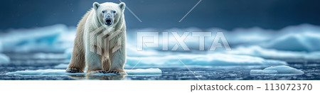 white polar bear in Arctic ice near ocean water in winter 113072370