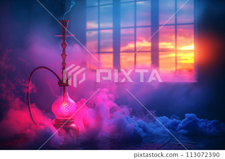 smoky hookah with glass flask on background of shisha smoke 113072390