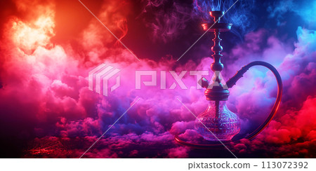 smoky hookah on a dark background of shisha smoke with colored neon blue red light 113072392