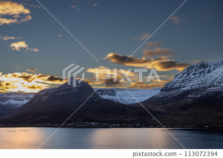 Sunset at the fjord, Westfjords, Iceland 113072394
