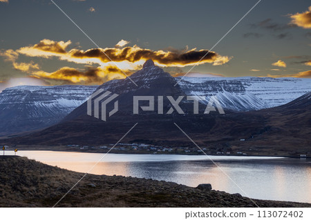 Sunset at the fjord, Westfjords, Iceland 113072402