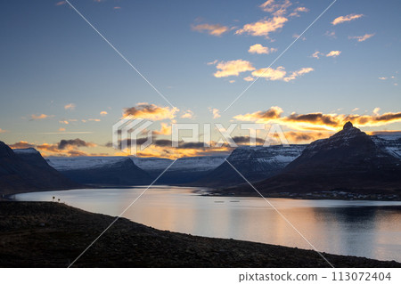 Sunset at the fjord, Westfjords, Iceland 113072404