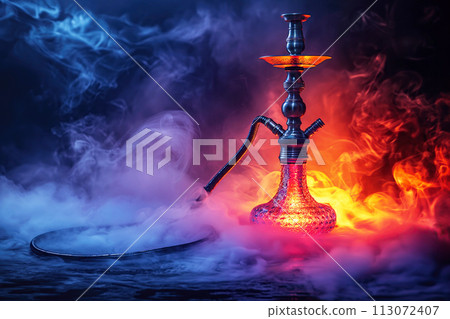 modern smoky hookah with shisha smoke with neon red and blue lighting 113072407