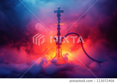 modern smoky hookah with shisha smoke with neon red and blue lighting 113072408