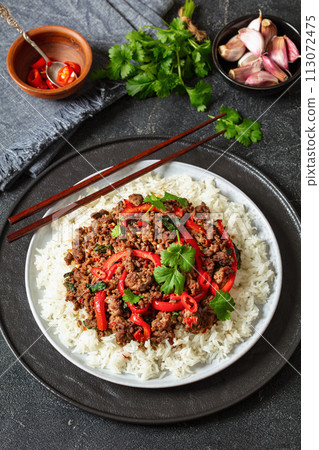 Thai holy basil stir fry with ground beef on plate Thai holy basil stir fry with ground beef on plate 113072475