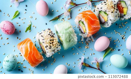 sushi on blue table with spring flowers and colorful Easter eggs sushi on blue table with spring flowers and colorful Easter eggs 113072488