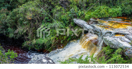 Serene Waterfall in Lush Green Forest Landscape 113072534