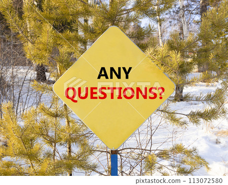 Any questions symbol. Concept words Any questions on beautiful yellow road sign. Beautiful forest snow blue sky background. Business and Any questions Q and A concept, copy space. Any questions symbol. Concept words Any questions on beautiful yellow road sign. Beautiful forest snow blue sky background. Business and Any questions Q and A concept, copy space. 113072580