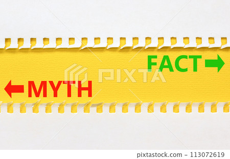 Fact or myth symbol. Concept word Myth and Fact on beautiful yellow paper. Beautiful white paper background. Business and fact or myth concept. Copy space. 113072619