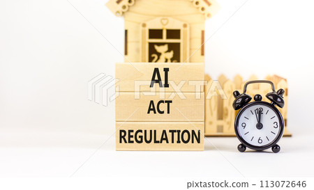 AI act regulation symbol. Concept words AI artificial intelligence act regulation on wooden block. Beautiful white background. Black alarm clock. Business AI act regulation concept Copy space AI act regulation symbol. Concept words AI artificial intelligence act regulation on wooden block. Beautiful white background. Black alarm clock. Business AI act regulation concept Copy space 113072646