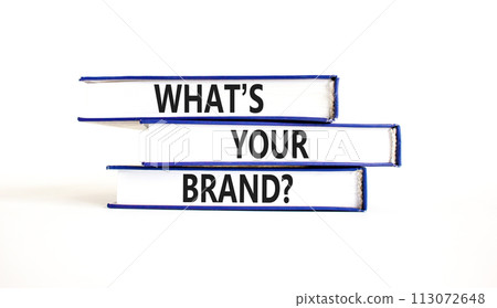 Branding and what is your brand symbol. Concept words What is your brand on beautiful books. Beautiful white table white background. Business branding and what is your brand concept. Copy space. 113072648