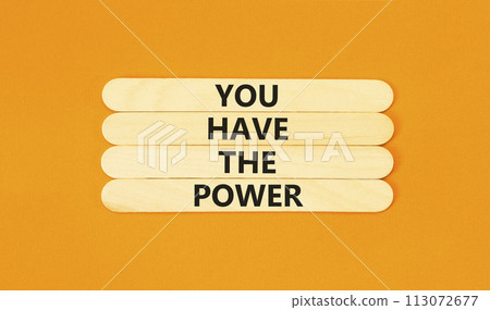 You have the power symbol. Concept word You have the power on beautiful wooden stick. Beautiful orange table orange background. Business motivational you have the power concept. Copy space. You have the power symbol. Concept word You have the power on beautiful wooden stick. Beautiful orange table orange background. Business motivational you have the power concept. Copy space. 113072677
