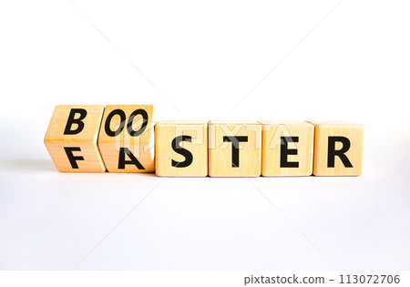 Booster and faster symbol. Concept word Booster Faster on wooden cubes. Beautiful white table white background. Business booster and faster concept. Copy space. Booster and faster symbol. Concept word Booster Faster on wooden cubes. Beautiful white table white background. Business booster and faster concept. Copy space. 113072706