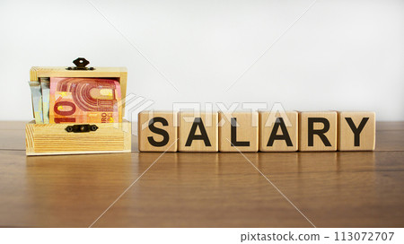 Concept word 'salary' on cubes on a beautiful wooden table, small chest with coins. Beautiful white background, copy space. Business concept. Concept word 'salary' on cubes on a beautiful wooden table, small chest with coins. Beautiful white background, copy space. Business concept. 113072707