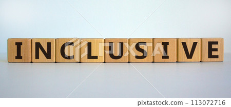 Symbol for a better inclusion. Wooden cubes with word 'inclusive'. Beautiful white background. Inclusive concept. Copy space. 113072716