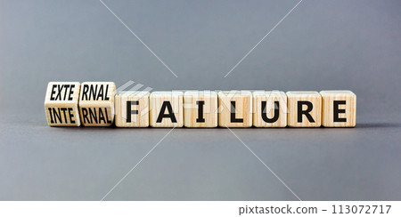 External or internal failure symbol. Concept words External failure or Internal failure on blocks. Beautiful grey table grey background. Business external internal failure concept. Copy space 113072717