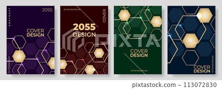 Colorful hexagonal abstract poster background vector set. Gold 3D hexagon style cover template for social media, poster, flyer, banner, brochure, notebook, corporate, report, book or Journal cover Colorful hexagonal abstract poster background vector set. Gold 3D hexagon style cover template for social media, poster, flyer, banner, brochure, notebook, corporate, report, book or Journal cover 113072830