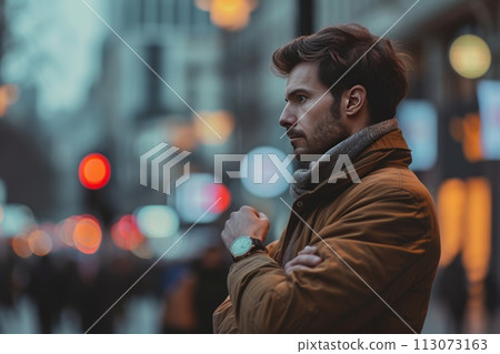 Outdoor portrait in profile of a modern middle-aged man on the street 113073163