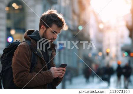 Outdoor portrait of modern middle-aged man with mobile phone in the street Outdoor portrait of modern middle-aged man with mobile phone in the street 113073164