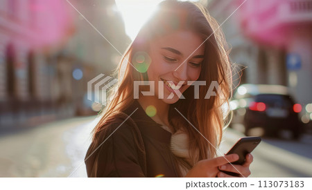 young smiling woman looking at his smartphone in his hand in the city street 113073183