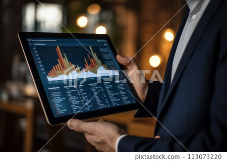 businessman's hand holds a tablet with a graph diagram image on the display businessman's hand holds a tablet with a graph diagram image on the display 113073220