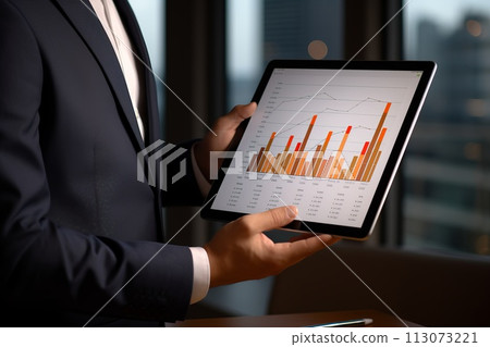 businessman's hand holds a tablet with a graph diagram image on the display businessman's hand holds a tablet with a graph diagram image on the display 113073221