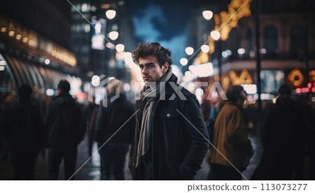 A man stands in the middle of the city, motion blur traffic A man stands in the middle of the city, motion blur traffic 113073277