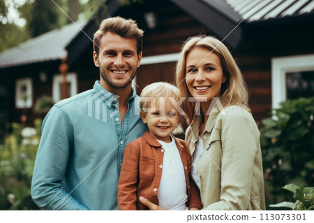 Happy family near new house. Real estate concept. Happy family near new house. Real estate concept. 113073301