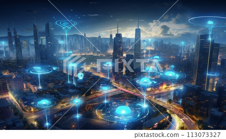 view of a futuristic smart city wireless modern technology communication 113073327