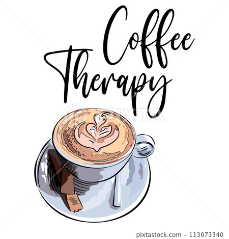 Cup of cappuccino with the inscription But first coffee Cup of cappuccino with the inscription But first coffee 113073340