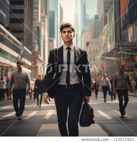 businessman in a costume walks on a city street businessman in a costume walks on a city street 113073383