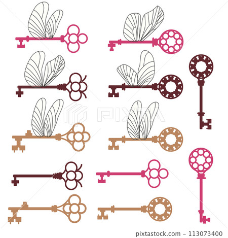 Vintage flat illustration with a set of cartoon keys. Collection of antique keys with wings. Home Security Vintage flat illustration with a set of cartoon keys. Collection of antique keys with wings. Home Security 113073400