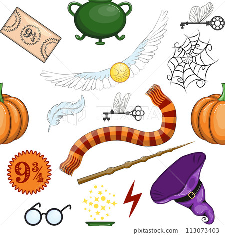 Magic items seamless pattern in flat style. School of Magic. Magic items seamless pattern in flat style. School of Magic. 113073403