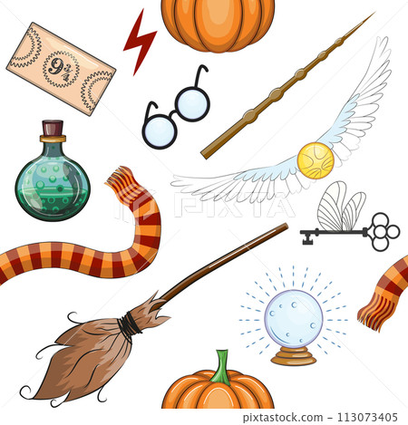 Magic items seamless pattern in flat style. School of Magic. Magic items seamless pattern in flat style. School of Magic. 113073405