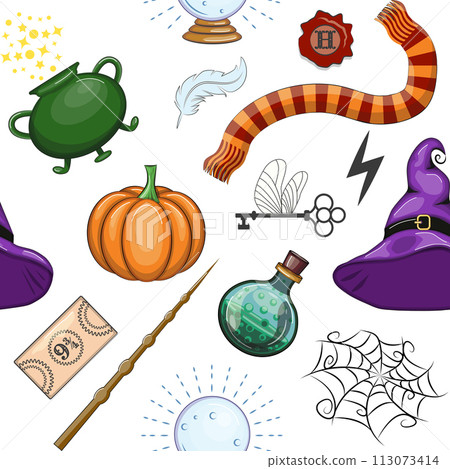 Magic items seamless pattern in flat style. School of Magic. Magic items seamless pattern in flat style. School of Magic. 113073414
