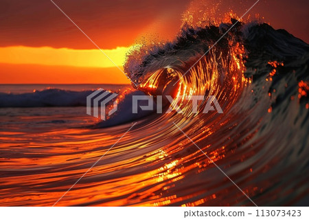 Blue Ocean Wave Crashing at Sunset 113073423
