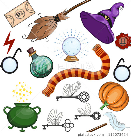 Magic items seamless pattern in flat style. School of Magic. 113073424