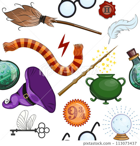 Magic items seamless pattern in flat style. School of Magic. 113073437