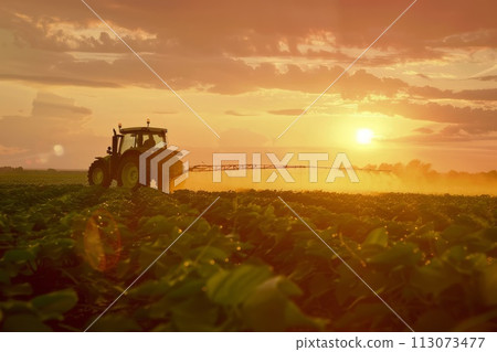 Aerial view of a tractor spraying fertilizer on a green plantation at sunset 113073477