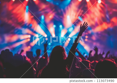 silhouettes of concert crowd in front of bright stage lights 113073490
