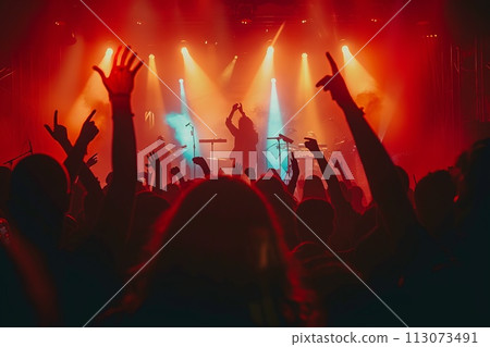 silhouettes of concert crowd in front of bright stage lights 113073491
