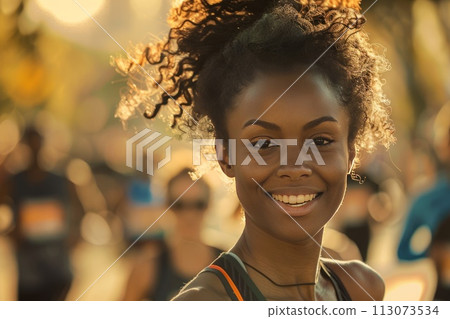 woman with a smile runs a marathon, with blurred runners in the background 113073534