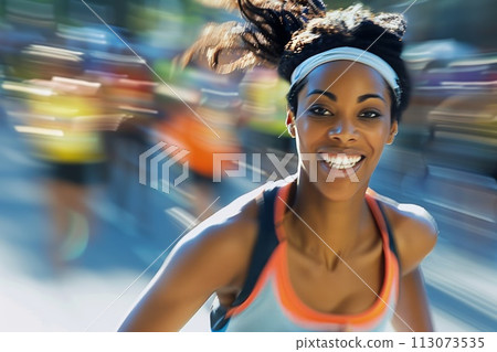 woman with a smile runs a marathon, with blurred runners in the background 113073535