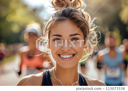 woman with a smile runs a marathon, with blurred runners in the background 113073536