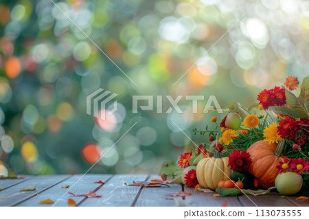 Pumpkins with fruits, flowers, vegetables and leaves on a wooden surface, blurred empty space 113073555