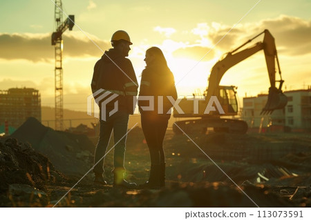man and woman workers on a construction site, excavator behind them 113073591